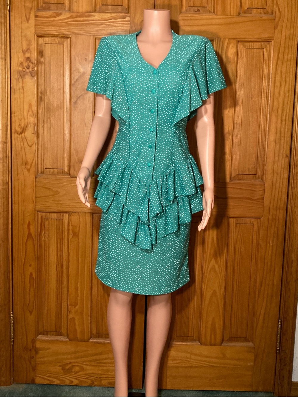 NWOT Dress Express Vintage 70s 80s Midi Short Sleeve Career Green White Size 7/8